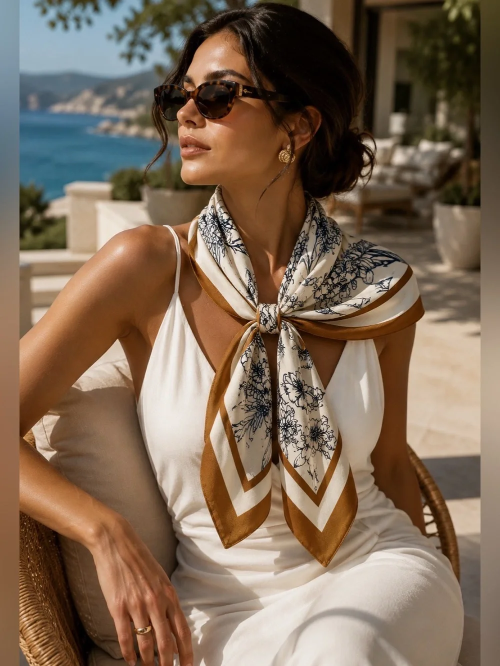 Botanical Floral & Butterfly Square Scarf – Ivory, Navy & Cognac Brown
